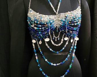 Natural Gemstone Beaded Bra Crystal & Semi-Precious Gemstone Body Jewelry Mermaid Top – Music Festival Carnival, Party Photoshoot Beach Wear