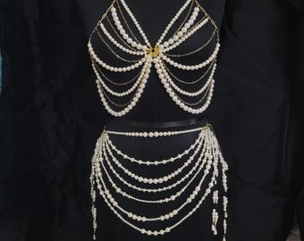 Catena per il corpo e gonna con perline fatte a mano, reggiseno con perline e gonna con catena per i fianchi, reggiseno con catena per il corpo con perline, cintura per la vita con perline, abito da festival, top estivo da sirena