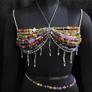 Mermaid Bra Top, Beaded Bralette for Women, Festival Top, Gemstone Bikini Bra & Waist Chain, Rave Party Outfit for Her, Beaded Body Jewelry