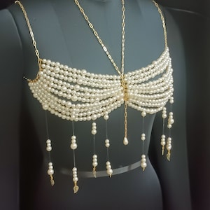 Reggiseno con perline di perle fatto a mano, top da sposa con perline, reggiseno con perline di perle, top da sirena estivo, abbigliamento da spiaggia per lei, outfit da cerimonia per servizi fotografici da donna