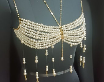 Handmade Pearl Beaded Bralette, Bridal Pearl Top, Beaded Pearl Bra, Summer Mermaid Top, Beach Wear for Her, Women Photoshoot Rave Outfit