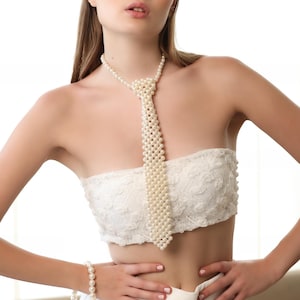 Handmade Ivory/Beige Pearl Tie, Pearl Party Tie Necklace, Vintage Faux Pearl Necktie Adjustable, Birthday Holiday Gift Pearl Tie for Wedding
