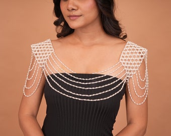 Pearl Shoulder and Chest Chain Necklace for Nightclubs and Brides - Simulated Pearl Shoulder Body Chain Cape