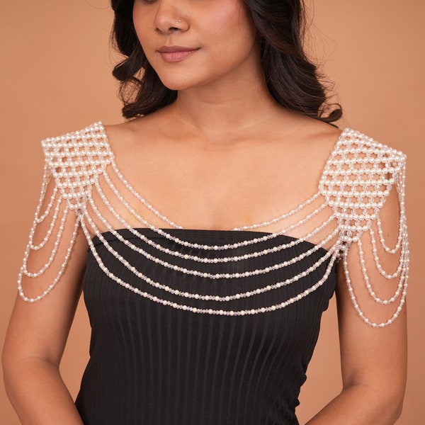Pearl Shoulder and Chest Chain Necklace for Nightclubs and Brides - Simulated Pearl Shoulder Body Chain Cape | Perfect bridal body chain