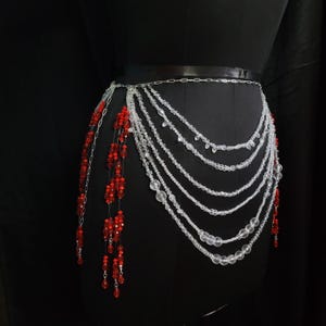 Crystal Beaded Skirt Belt | Red and Clear Festival Hip Chain | Handmade Body Jewelry for Rave, Belly Dance, Burning Man & Ibiza Looks