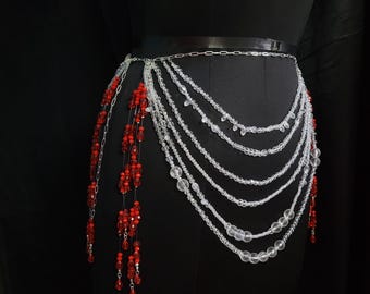 Cinturón de falda con cuentas de cristal / Cadena de cadera para festivales en rojo y transparente / Joyería corporal hecha a mano para looks de rave, danza del vientre, Burning Man e Ibiza