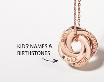 Personalized Birthstone Mom Necklace - Engraved Russian Ring Family Pendant with 3, 4, 5 Stones - Unique Jewelry Gift for Mom, Wife