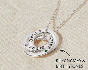 Birthstone Necklace for Mom: Silver, Russian Ring Birthstone Necklace, Birthstone Necklace for Grandma, Mothers 2 3 4 5 Birthstones Necklace