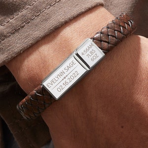 Pulsera de cuero grabada para hombre – Pulsera con placa personalizada – Pulsera trenzada negra para papá, esposo o novio – Regalo para el Día del Padre