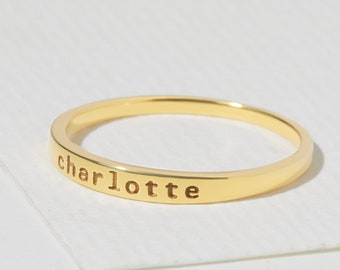 Personalized Name Ring - Custom Engraved Stainless Steel - Skinny Stacking, Bridesmaid, and Mom Gift Jewelry in Silver, Gold, and Rose Gold