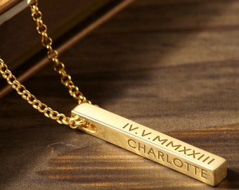 Name Necklace Gold: Engraved Bar Necklace, Personalized Name Jewelry, Custom Pendant With 1-4 Names, Gift for Her Mom Wife Mothers