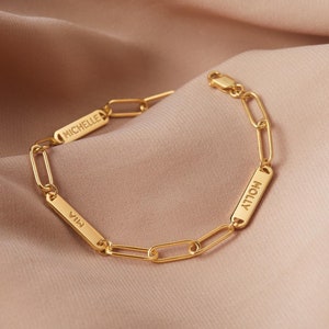 Pulseira gravada para mulheres - Pulseira de ouro com nome personalizado, estilo corrente de clipe de papel, joia personalizada para ela - presente para mãe, esposa, aniversário