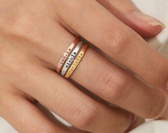 Personalized Name Ring • Custom Engraved Stackable Rings • Gold Silver Rose Gold • Mom Ring with Kids Names • Mothers Day Gift