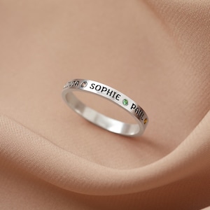 Anillo de 3 piedras para mamá: anillo de plata para madres con 2 piedras, anillo de joyería para el día de la madre, anillo de oro para mamá, anillo grabado, anillos con piedras de nacimiento para mamá