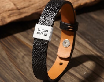 Pulsera de cuero personalizada para hombre, dije de acero inoxidable grabado, pulsera ajustable de 8 a 10 pulgadas con grabado a doble cara.
