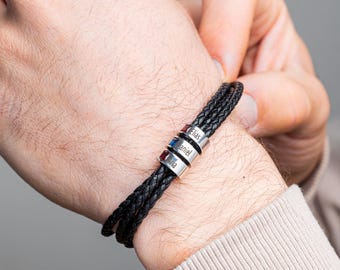Mens Leather Bracelet: birthstone jewelry, Handmade Jewelry with Beads, Engraved Kids Name & Birthstone Bracelet,Fathers Day Gift, For Him
