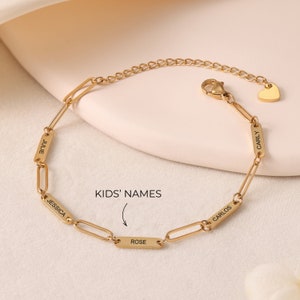 Pulsera para madres: Pulsera de oro para mujeres con nombres grabados, nombres de niños y nietos, cadena de clips personalizada, regalo para ella, esposa, mamá