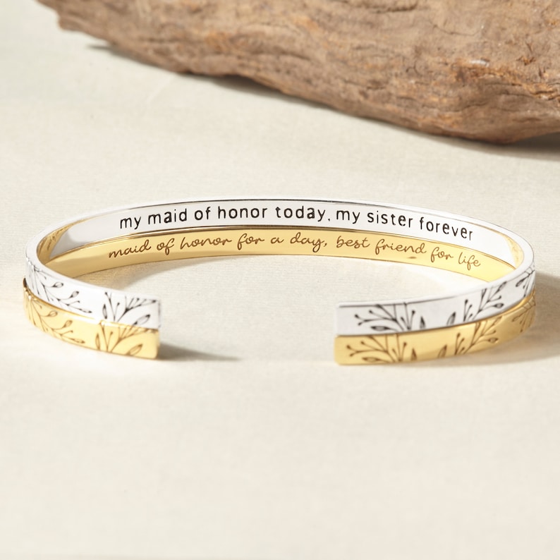 Personalized Engraved Bangle: Silver or Gold Custom Message Bracelet with Text