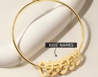Personalized Grandma Heart Charm Bangle, Engraved Name Bracelet with Kids or Grandkids Names