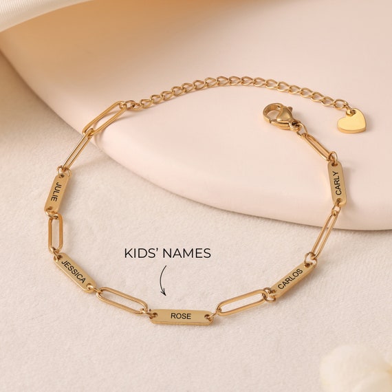 Mothers Bracelet: Gold Bracelet For Women With Engraved Names, Kids & Grandkids Names, Personalized Paperclip Chain, Gift For Her, Wife, Mom