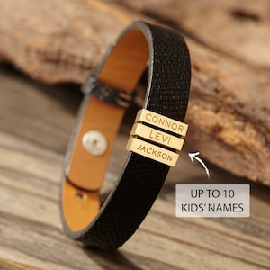 Pulsera para papá: pulsera personalizada para papá con nombres, pulsera de cuero personalizada, pulsera grabada para hombre, negra, marrón, regalo para esposo hecho a mano