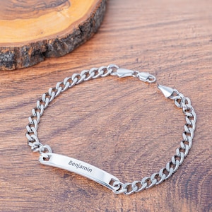 Custom Engraved Name Bracelet: Personalized ID Plate Bracelet – Stainless Steel Chain Bracelet – Custom Message Jewelry – Best Gift for Him