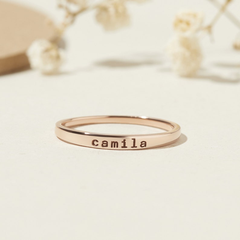 Personalized Name Ring Custom Engraved Stainless Steel Skinny Stacking, Bridesmaid, and Mom Gift Jewelry in Silver, Gold, and Rose Gold image 3