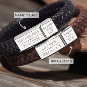 Pulsera del Día del Padre para papá: regalo de cuero personalizado para hija, esposa o hijos. Pulsera negra personalizada para papá primerizo.