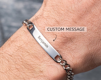 Personalized Stainless Steel ID Bracelet, Custom Engraved Bar Bracelet with Front & Back Engraving