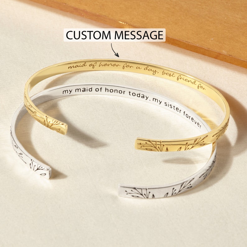 Pulsera grabada: Pulseras personalizadas de plata, oro Pulseras personalizadas con texto Brazalete con nombre y mensaje en el interior Regalo para ella imagen 1