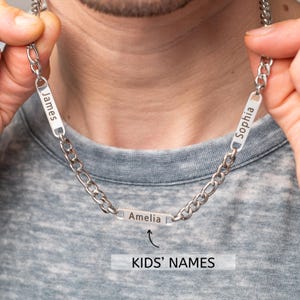 Custom Name Bar Necklace for Men – Personalized Stainless Steel Chain with 1–5 Engraved Name Charms – Gift for Dad, Husband, or Boyfriend