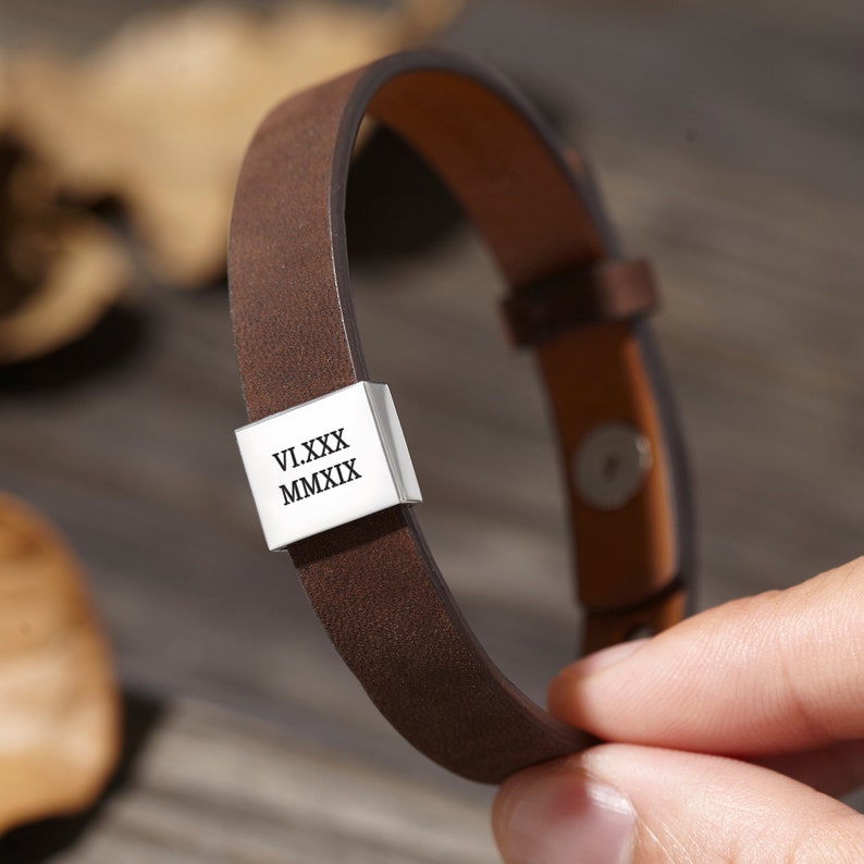 Black Leather Bracelet Brown Leather Bracelet for Men Engraved Bracelet for Guys Gift for Boyfriend, Husband, Dad Christmas Gift image 4