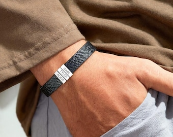 Personalized Dad Bracelet • Engraved Kids Name Charms • Leather and Steel Family Bracelet • Husband Gift • Fathers Day Gift