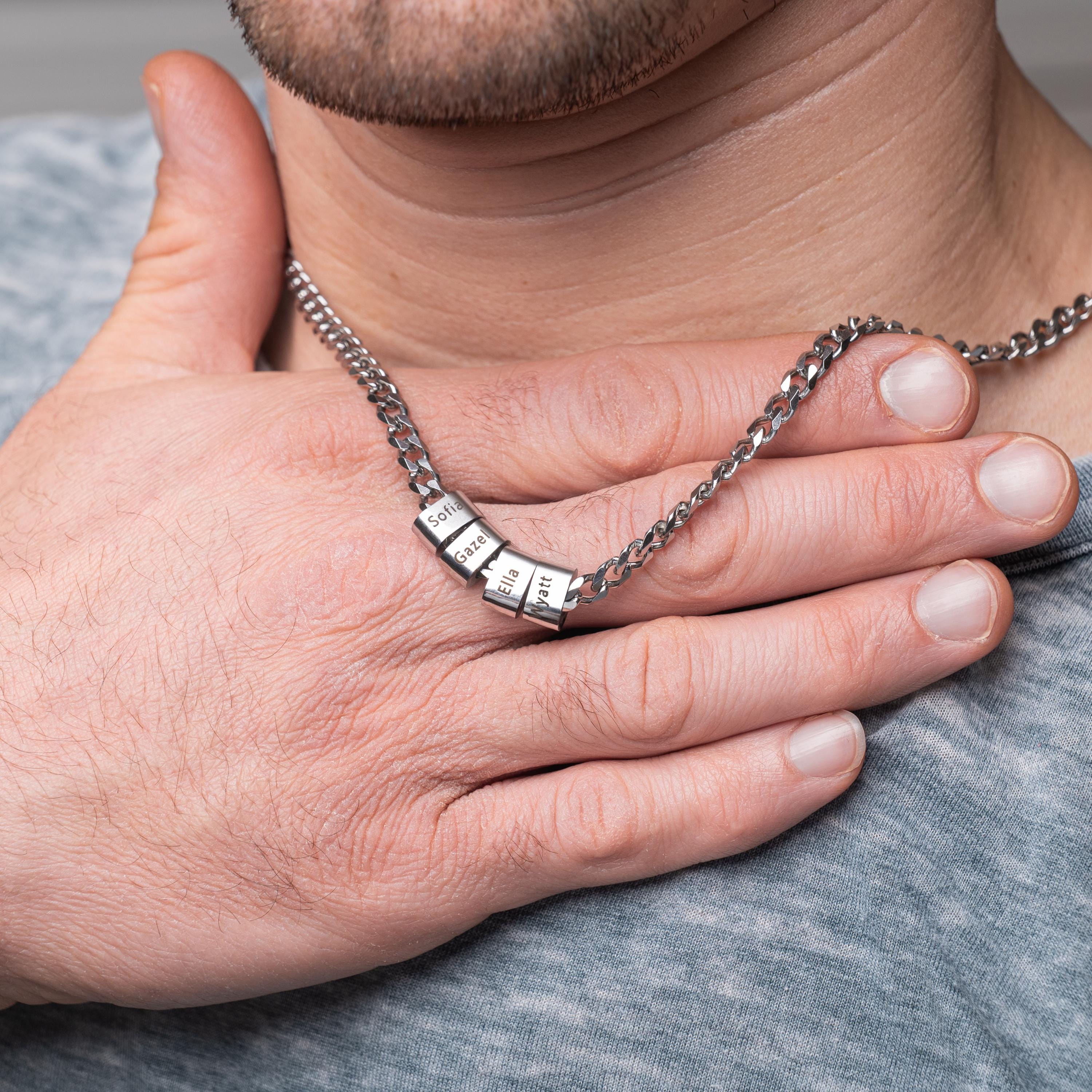 Personalized Name Bead Necklace - Engraved Stainless Steel Dad Jewelry