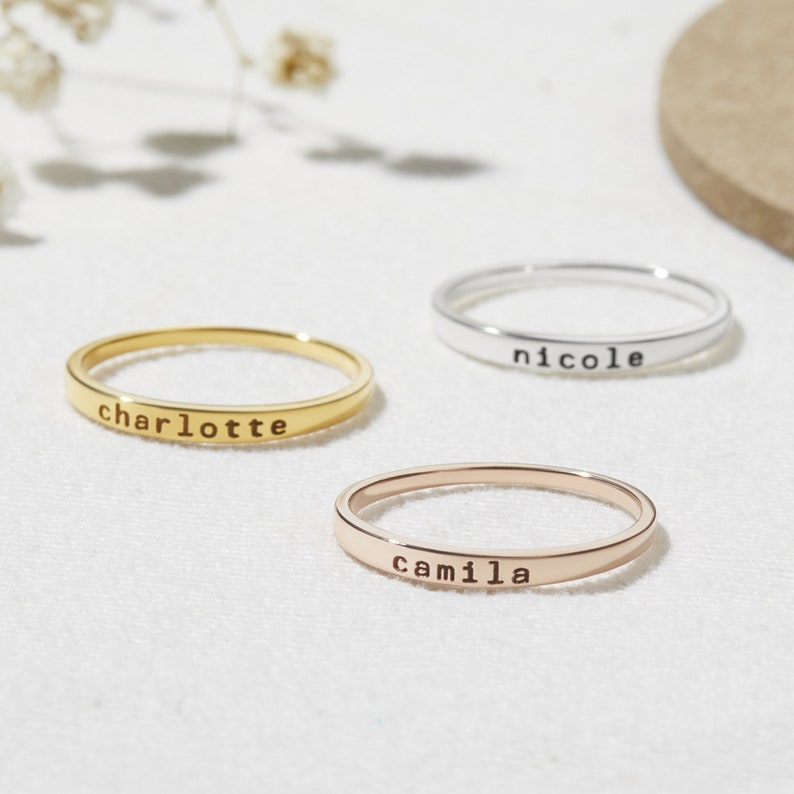 Personalized Name Ring Custom Engraved Stainless Steel Skinny Stacking, Bridesmaid, and Mom Gift Jewelry in Silver, Gold, and Rose Gold image 4