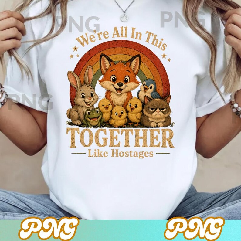May include: White t-shirt featuring a cartoon illustration of a fox, rabbit, frog, chicks, penguin, and cat under a rainbow. The text reads "We're All In This Together - Like Hostages".