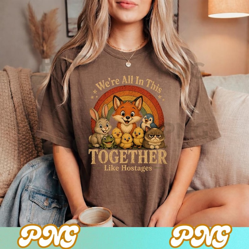 May include: Brown t-shirt with a colorful graphic featuring a fox, rabbit, frog, penguin, chicks, and a grumpy cat in front of a rainbow. Text reads "We're All In This Together Like Hostages."
