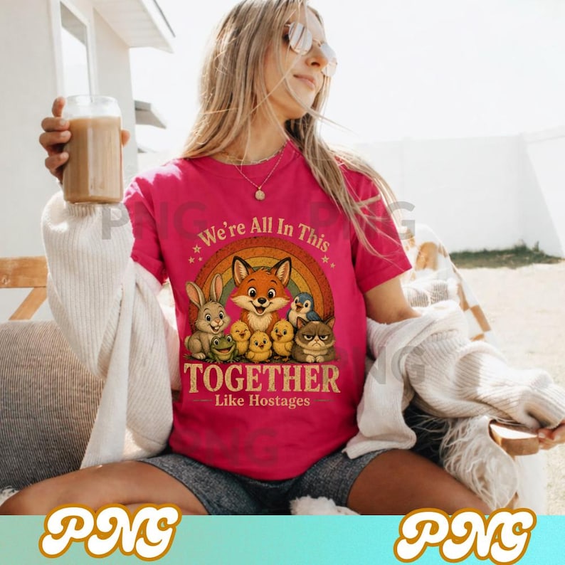 May include: A magenta t-shirt featuring a cartoon fox, rabbit, penguin, frog, chicks, and a grumpy cat under a rainbow. The text reads "We're All In This Together Like Hostages."