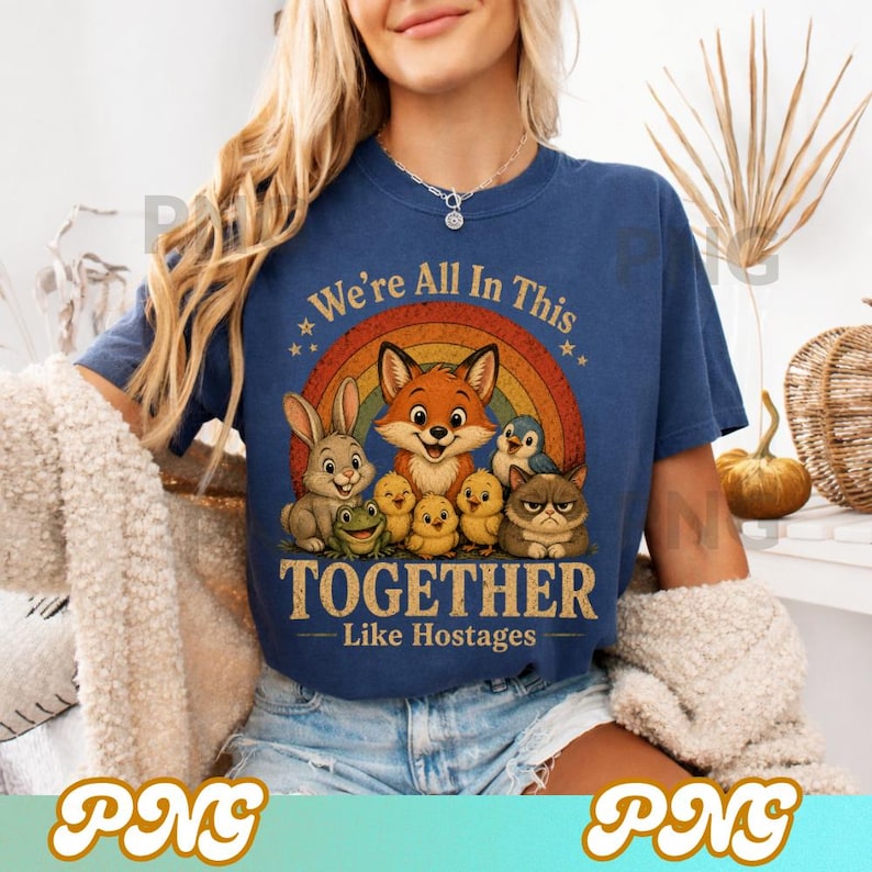 May include: A navy blue t-shirt featuring a rainbow and a group of cartoon animals, including a fox, rabbit, and cat. The text "We're All In This Together Like Hostages" is printed below the animals in a vintage style.