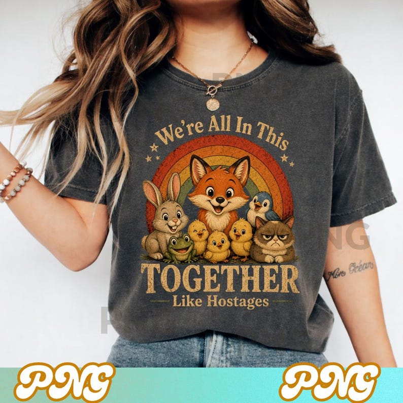 May include: Dark gray t-shirt featuring a colorful graphic with a fox, bunny, frog, chicks, penguin, and a grumpy cat in front of a rainbow. The text reads "We're All In This Together Like Hostages."