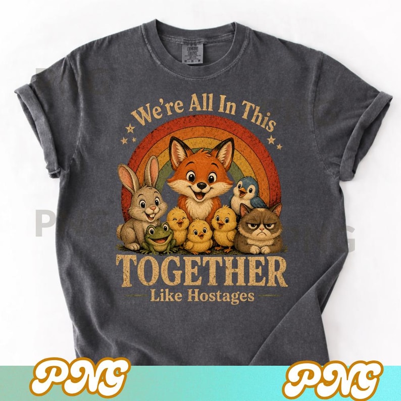 May include: Dark gray t-shirt featuring a colorful illustration of a fox, rabbit, frog, birds, chicks, and a grumpy cat in front of a rainbow. The text reads "We're All In This Together Like Hostages."