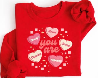 Eres amado, fuerte, digno, capaz y suficiente (PNG), regalo de afirmación de amor propio (PNG), gráfico de salud mental positiva (PNG)