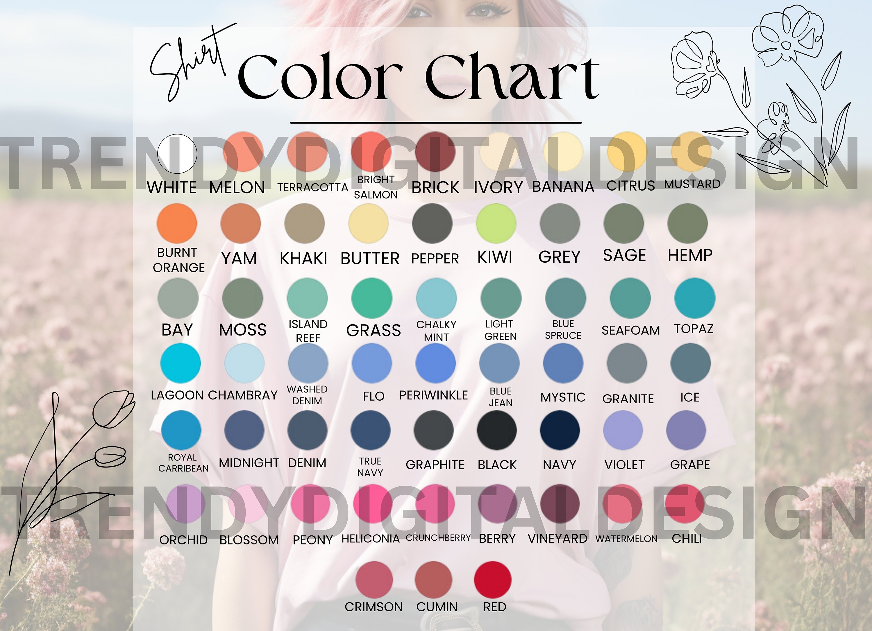 Comfort Colors 1717 Color and Size Chart, Mockup Comfort Colors 1717