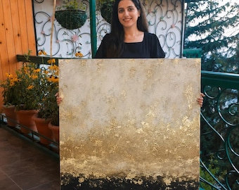 Original Abstract Black Gold Beige Painting, Large Textured Canvas Art, Living Room Decor