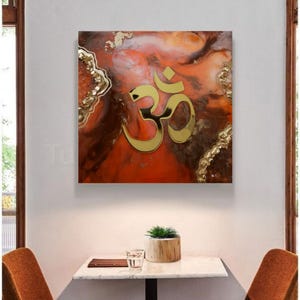 Luxury om wall decor, orange beige brown and gold om wall art, hindu religion art, om family gift, om sign for pooja room, Indian wall art