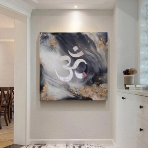 Om wall decor black, gray, silver, living room wall art, luxurious hindu gift, om for yoga space, pooja room decor, om symbol for mandir