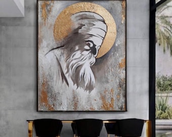 Abstract Guru Nanak Dev Ji Painting, Sikh Spiritual Art, Framed Canvas Home Décor