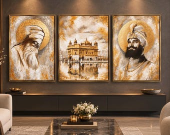 Handbemaltes abstraktes Kunstset mit Motiven der Sikh-Gurus im Goldenen Tempel, moderne Wohndekoration