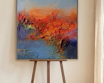 Framed Extra Large Abstract Horizon Oil Painting – Bold Vibrant Coast Original Canvas Art