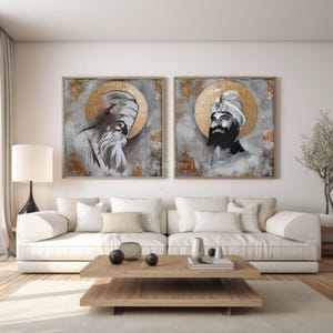 May include: Two square wall art pieces featuring black and white portraits of figures wearing turbans, each set against a textured grey background with a prominent circular gold halo behind the head of each subject, displayed side by side.